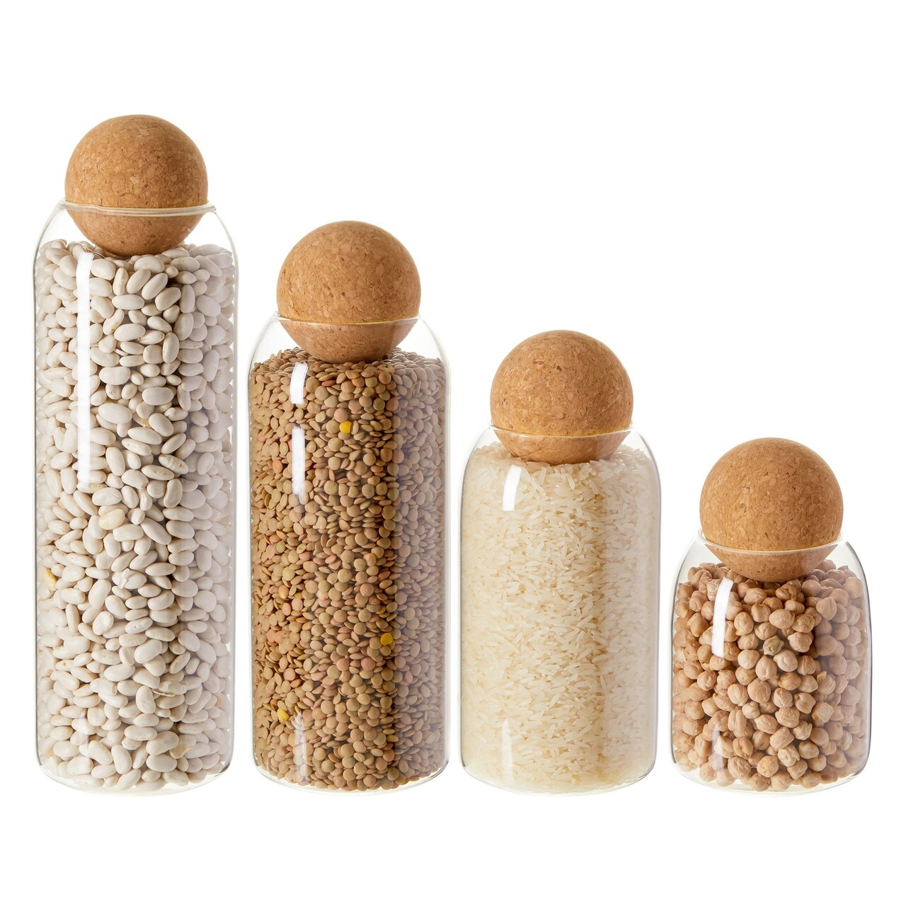 Set of 4 Glass Storage Jars with Cork Ball Lids - Decorative Glass Canisters with Airtight Lids for Kitchen and Pantry Organization - 4 Sizes 42oz, 32oz, 20oz, 15oz